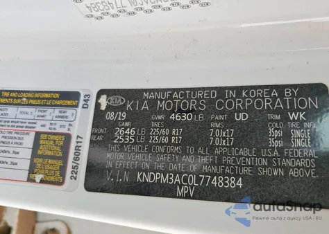 2020 Kia Sportage Lx z USA, uszkodzony, nr VIN KNDPM3AC0L7748384